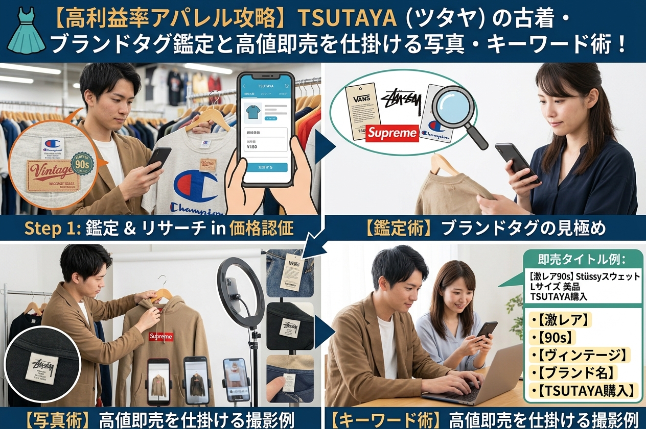 👗【高利益率アパレル攻略】TSUTAYA (ツタヤ)の古着・ブランドタグ鑑定と高値即売を仕掛ける写真・キーワード術！